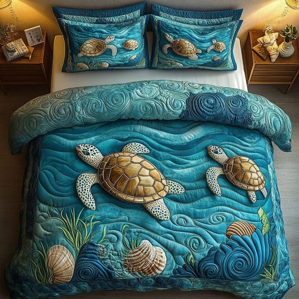 Calm Shell Serenity quilted 3-piece bedding set on a made bed in a light coastal bedroom