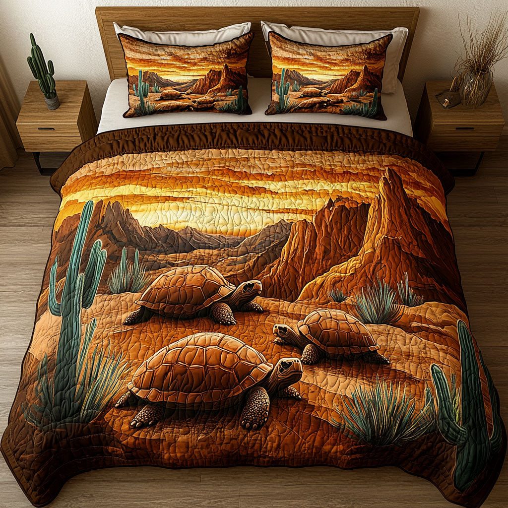 Calm Shellscape quilted 3-piece bedding set on a made bed with two matching pillow shams