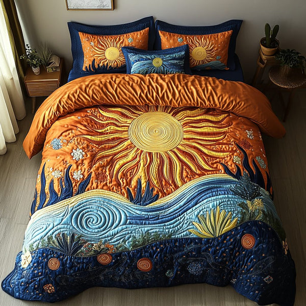 Calm Sunrise quilted 3-piece bedding set on a made bed with two matching pillow shams