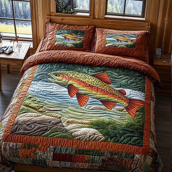 Calm Waters quilted 3-piece bedding set on a made bed with two matching pillow shams