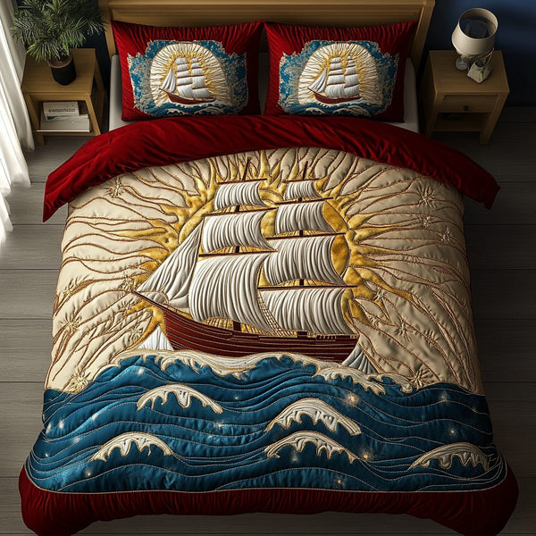 Calm Waters Sailboat quilted 3-piece bedding set on a made bed with two matching pillow shams
