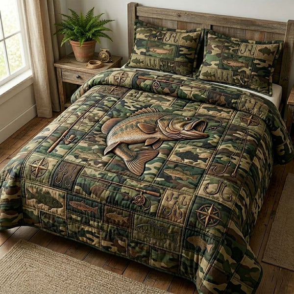 Camo Bass quilted 3-piece bedding set on a made bed with two matching pillow shams