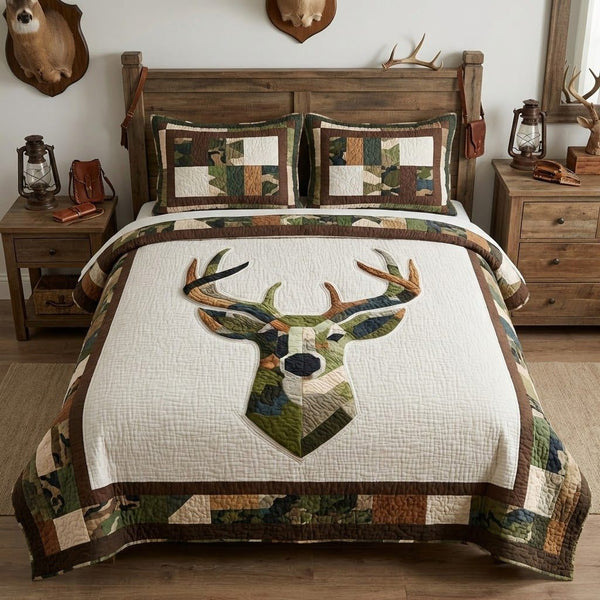 Camo Buck Crest quilted 3-piece bedding set on a made bed with two matching pillow shams