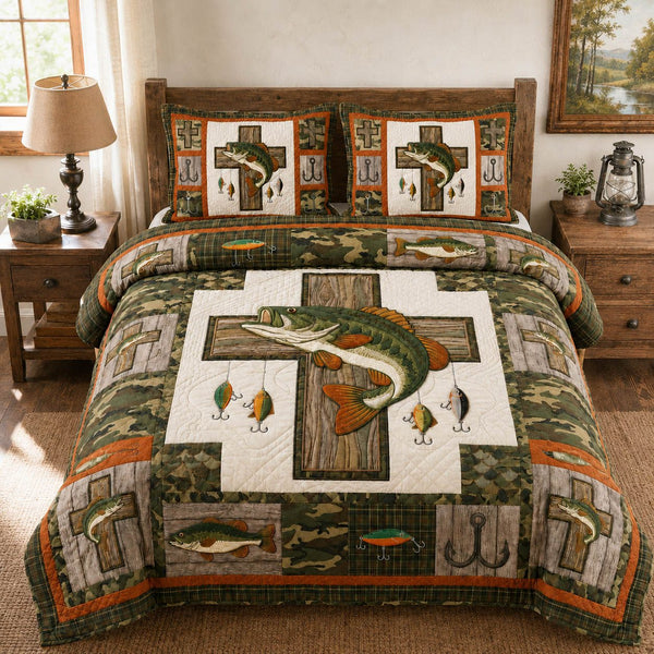 Camo Cross Fishing quilted 3-piece bedding set on a made bed in a softly lit bedroom
