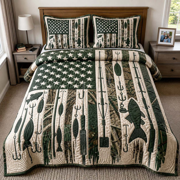 Camo Tackle quilted 3-piece bedding set on a made bed with two matching pillow shams