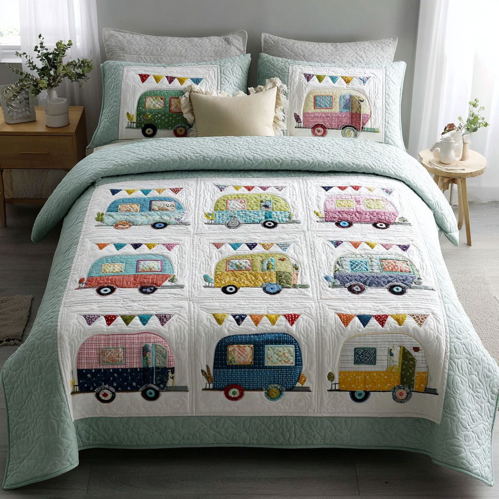 Camp Adventure quilted 3-piece bedding set on a made bed in a winter-styled bedroom