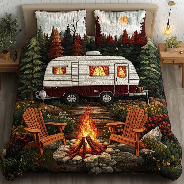 Camp Comfort quilted 3-piece bedding set on a made bed with two matching pillow shams