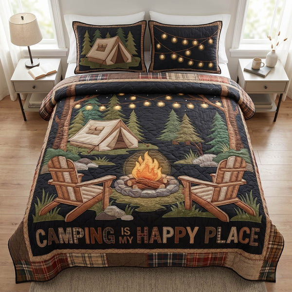 Camp Connection quilted 3-piece bedding set on a made bed with two matching pillow shams