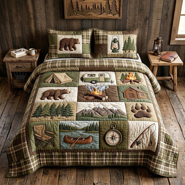 Camp Escape quilted 3-piece bedding set on a made bed with two matching pillow shams