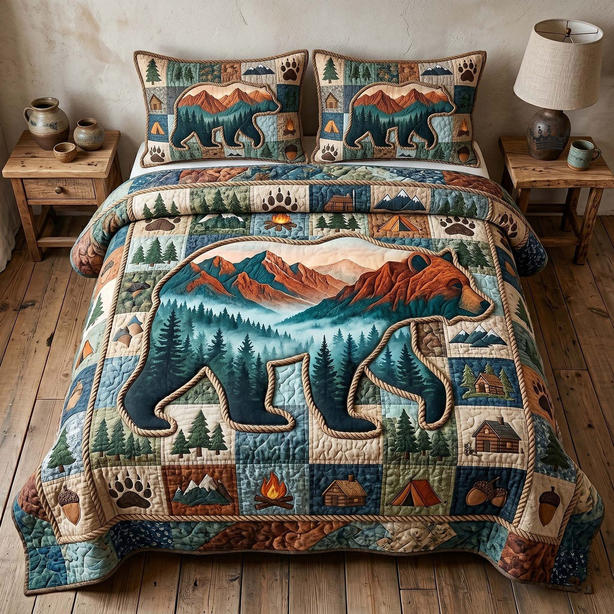 Camp Escape quilted 3-piece bedding set on a made bed with two matching pillow shams
