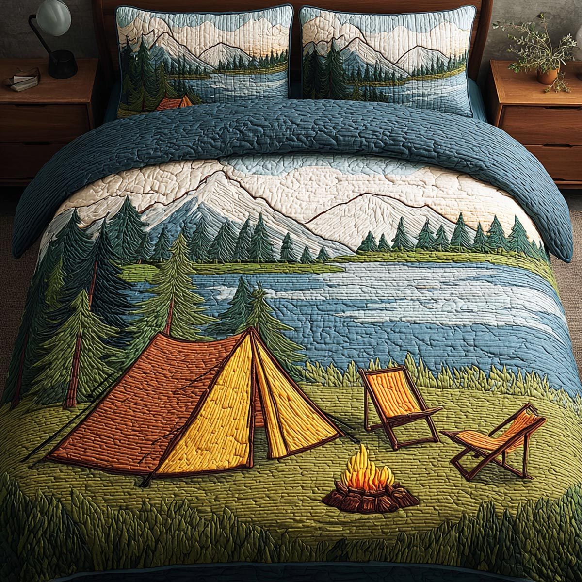 Camp Escape quilted 3-piece bedding set on a made bed with two matching pillow shams