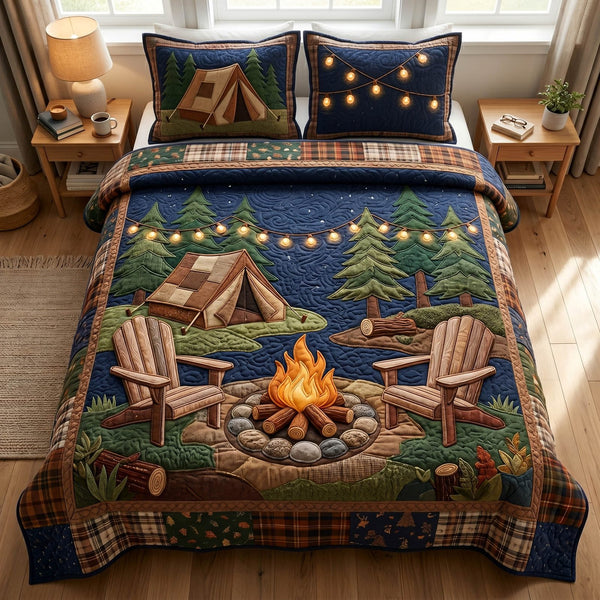 Camp Escape quilted 3-piece bedding set on a made bed with two matching pillow shams