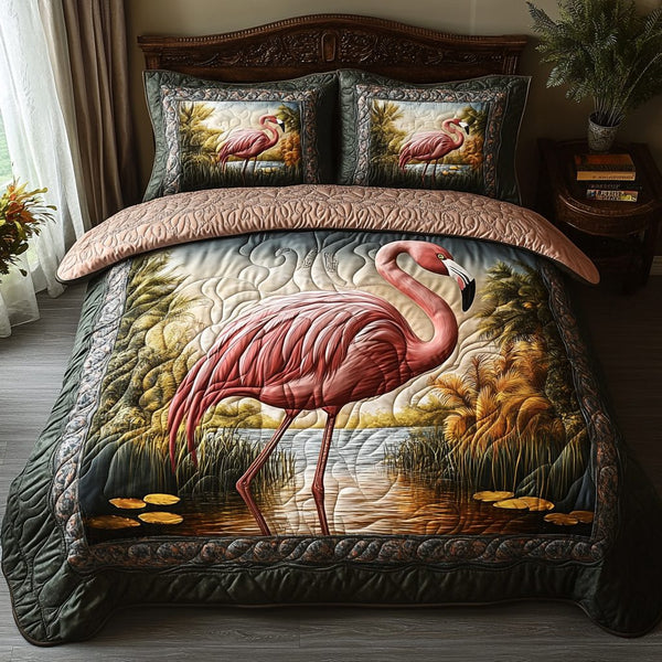 Camp Flamingo quilted 3-piece bedding set on a made bed with two matching pillow shams