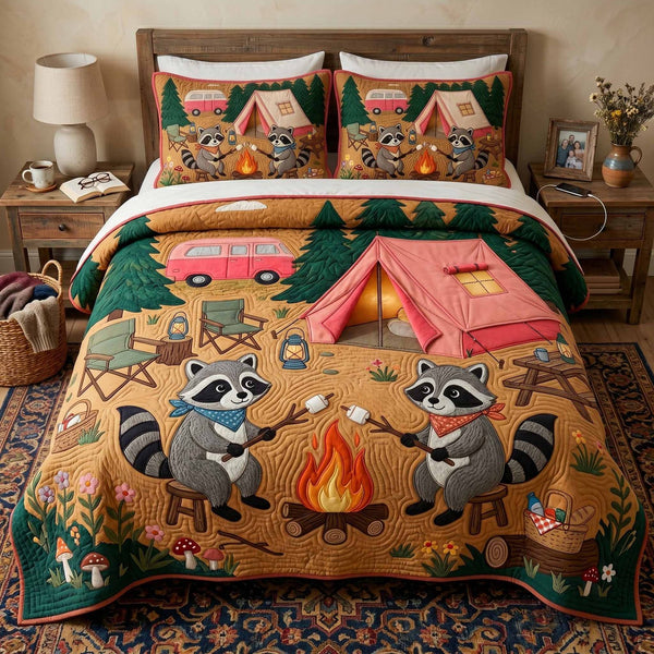 Camp Friends quilted 3-piece bedding set on a made bed with two matching pillow shams