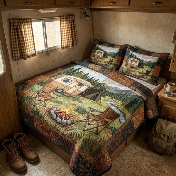 Camp Haven quilted 3-piece bedding set on a made bed with two matching pillow shams