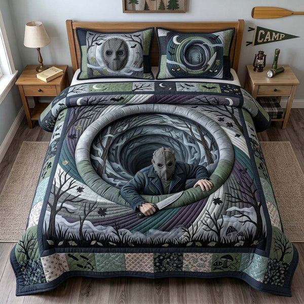 Camp Killer Vortex quilted 3-piece bedding set on a made bed with two matching pillow shams
