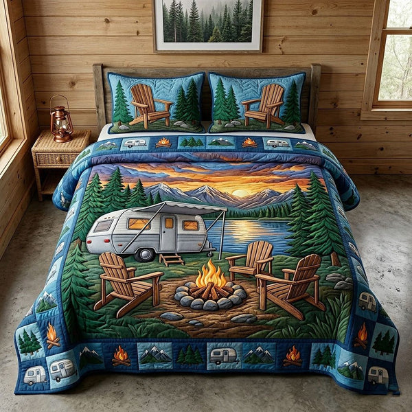 Camp Life quilted 3-piece bedding set on a made bed with two matching pillow shams