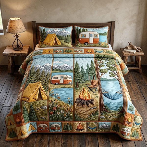Camp Life quilted 3-piece bedding set on a made bed with two matching pillow shams