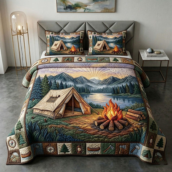 Camp Life quilted 3-piece bedding set on a made bed with two matching pillow shams