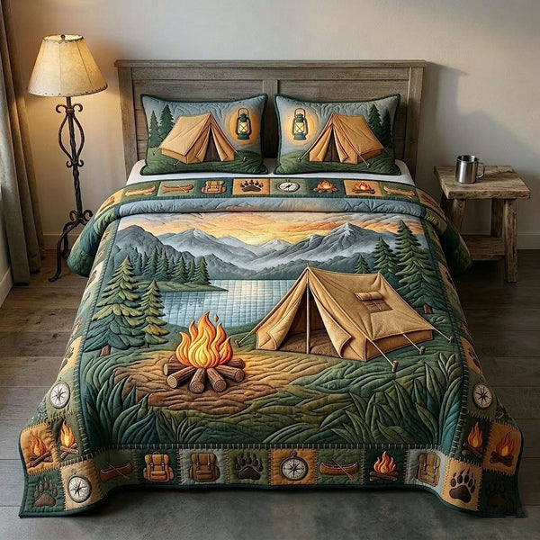 Camp Life quilted 3-piece bedding set on a made bed with two matching pillow shams