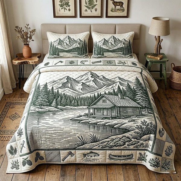 Camp Life quilted 3-piece bedding set on a made bed with two matching pillow shams