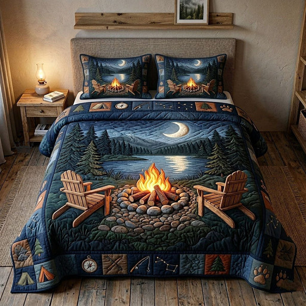 Camp Life quilted 3-piece bedding set on a made bed with two matching pillow shams
