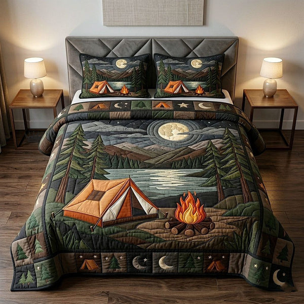 Camp Life quilted 3-piece bedding set on a made bed with two matching pillow shams