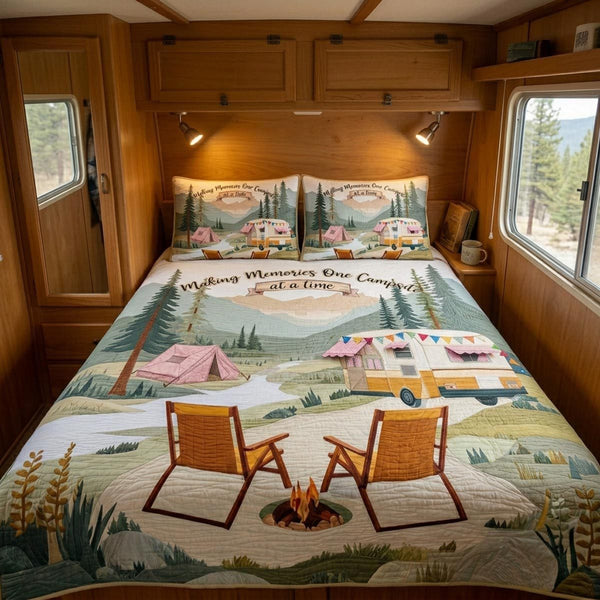 Camp Life quilted 3-piece bedding set on a made bed with two matching pillow shams