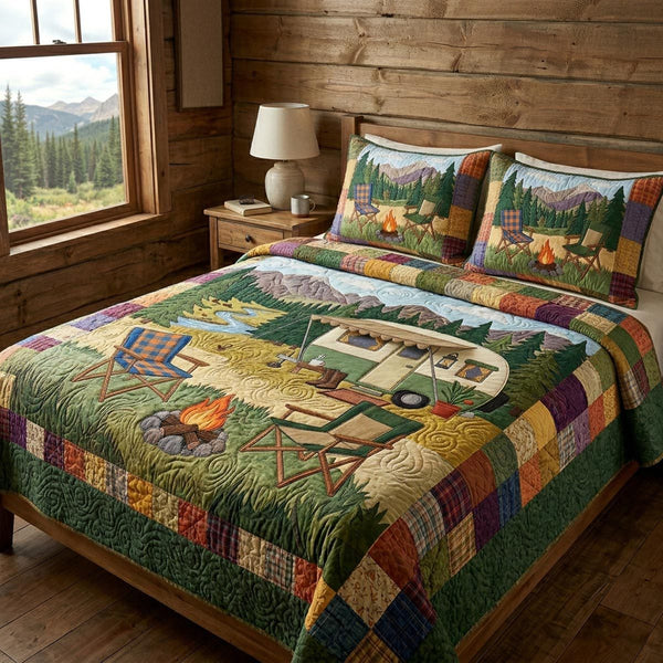 Camp Life quilted 3-piece bedding set on a made bed with two matching pillow shams
