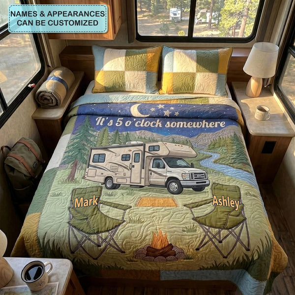 Camp Moments Personalized Custom quilted 3-piece bedding set on a made bed with two matching pillow shams