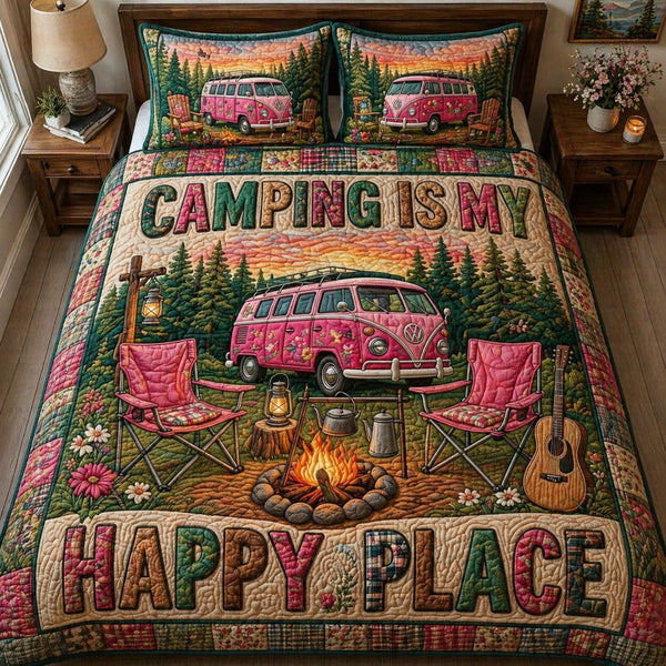 Camp Moments quilted 3-piece bedding set on a made bed with two matching pillow shams