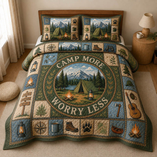Camp More Worry Less quilted 3-piece bedding set on a made bed with two matching pillow shams