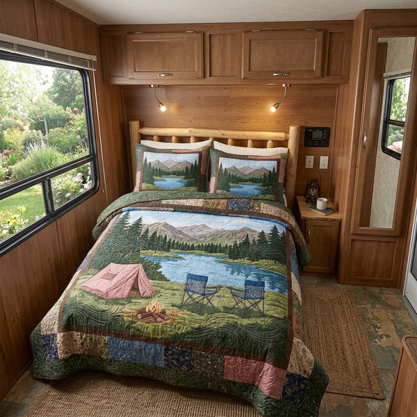 Camp Retreat quilted 3-piece bedding set on a made bed with two matching pillow shams