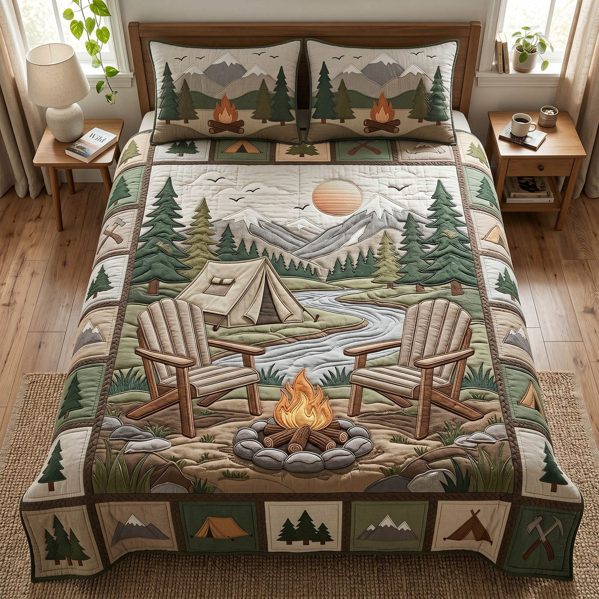 Camp Retreat quilted 3-piece bedding set on a made bed with two matching pillow shams