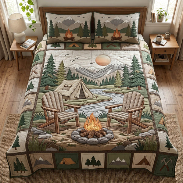 Camp Retreat quilted 3-piece bedding set on a made bed with two matching pillow shams