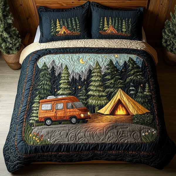 Camp Road quilted 3-piece bedding set on a made bed with two matching pillow shams