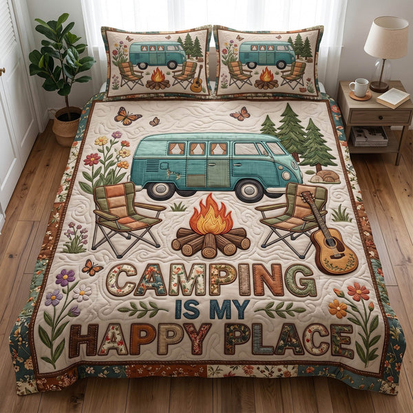 Camp Stories quilted 3-piece bedding set on a made bed with two matching pillow shams