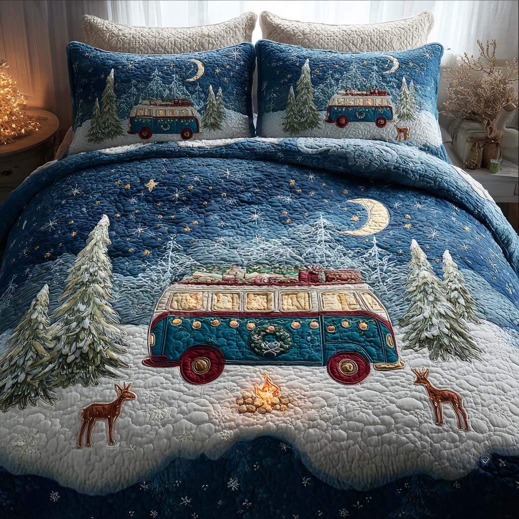 Camp Under Stars quilted 3-piece bedding set on a made bed with two matching pillow shams