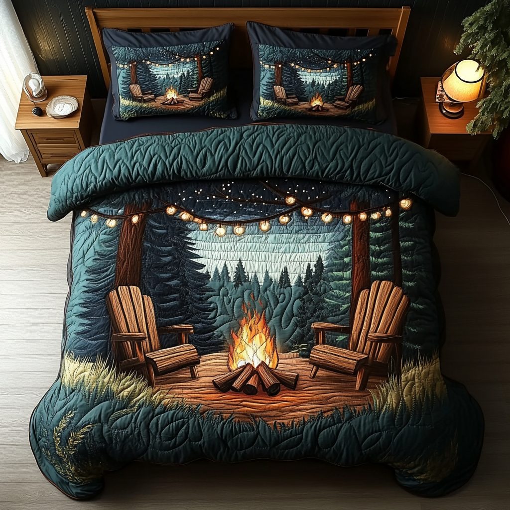 Camp Vibes quilted 3-piece bedding set on a made bed with two matching pillow shams