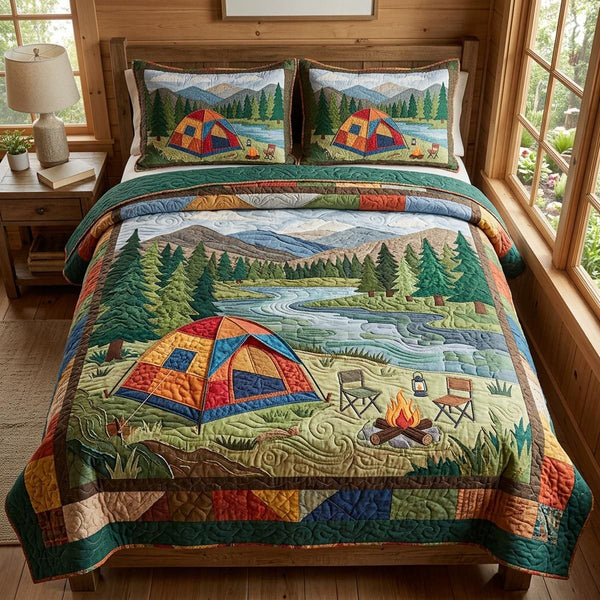 Camp Vibes quilted 3-piece bedding set on a made bed with two matching pillow shams