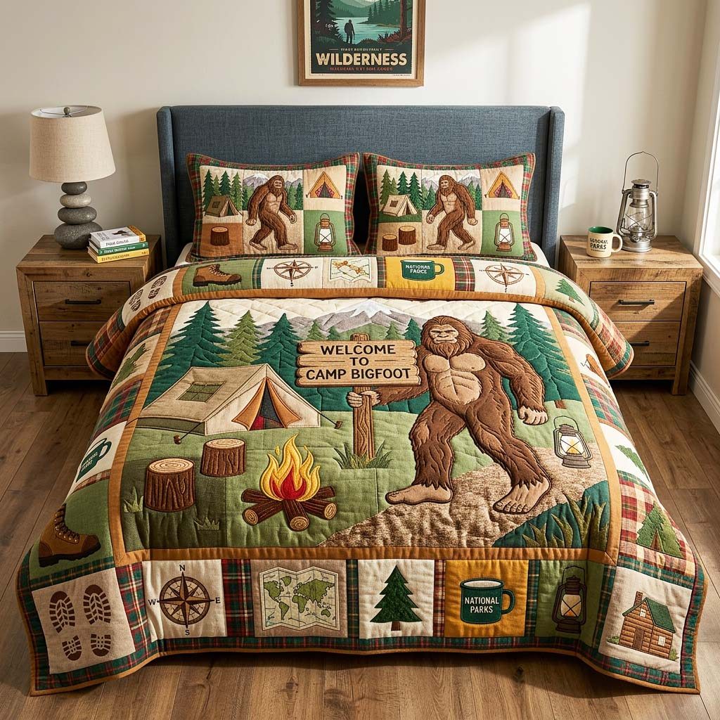Camp Welcome quilted 3-piece bedding set on a made bed with two matching pillow shams