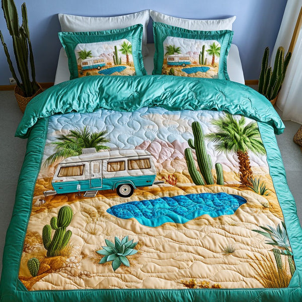 Camper Calm quilted 3-piece bedding set on a made bed with two matching pillow shams