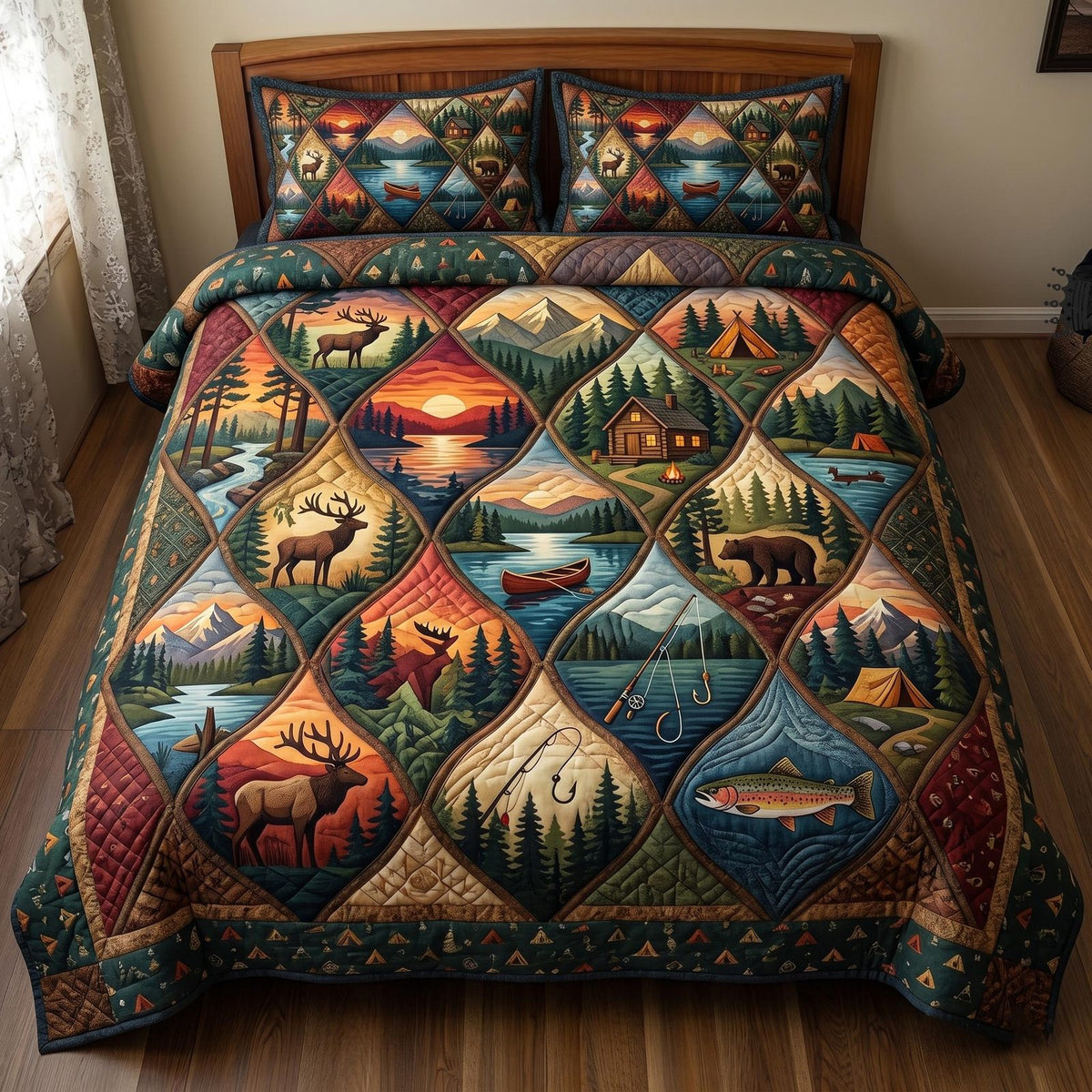 Camper Life quilted 3-piece bedding set on a made bed with two matching pillow shams
