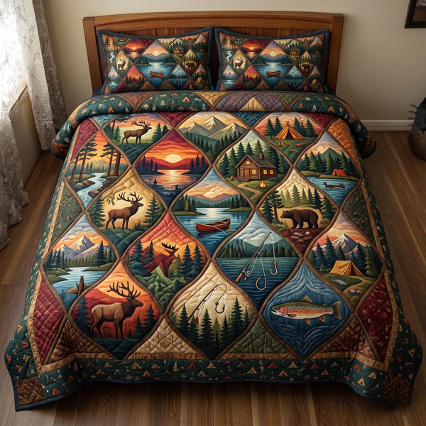Camper Life quilted 3-piece bedding set on a made bed with two matching pillow shams