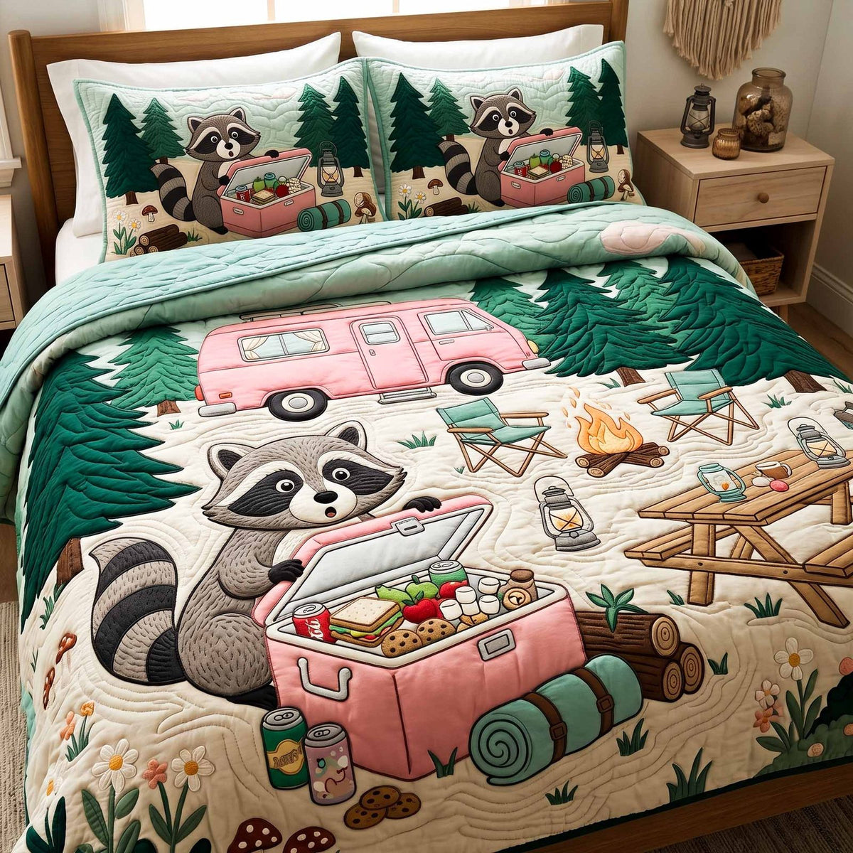 Camper Rest quilted 3-piece bedding set on a made bed with two matching pillow shams