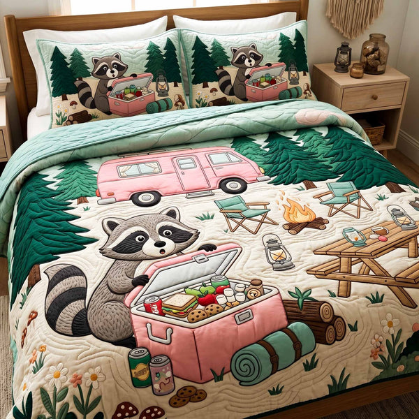 Camper Rest quilted 3-piece bedding set on a made bed with two matching pillow shams
