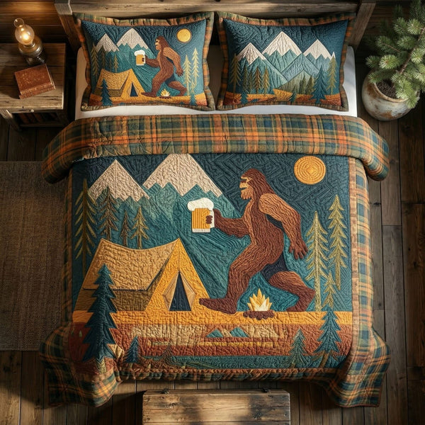 Campfire Adventure quilted 3-piece bedding set on a made bed in a winter-styled bedroom