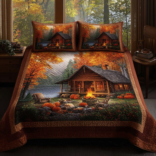 Campfire Autumn quilted 3-piece bedding set on a made bed with two matching pillow shams