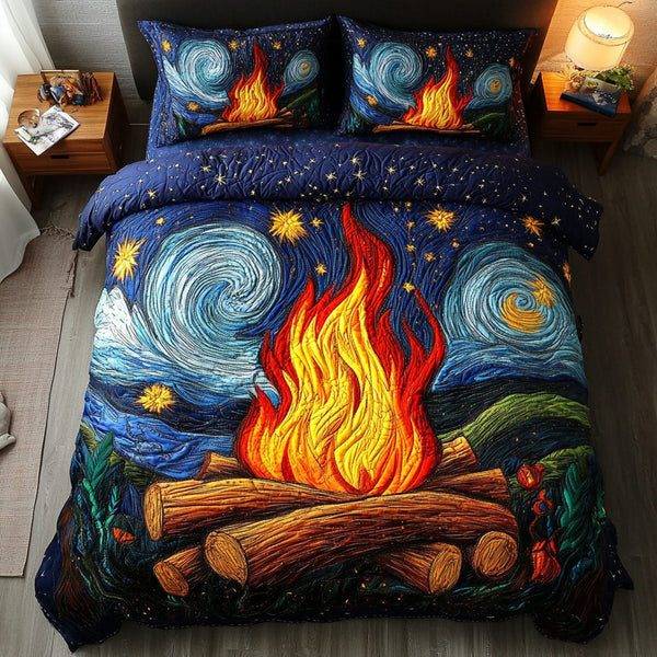 Campfire Bliss quilted 3-piece bedding set on a made bed with two matching pillow shams