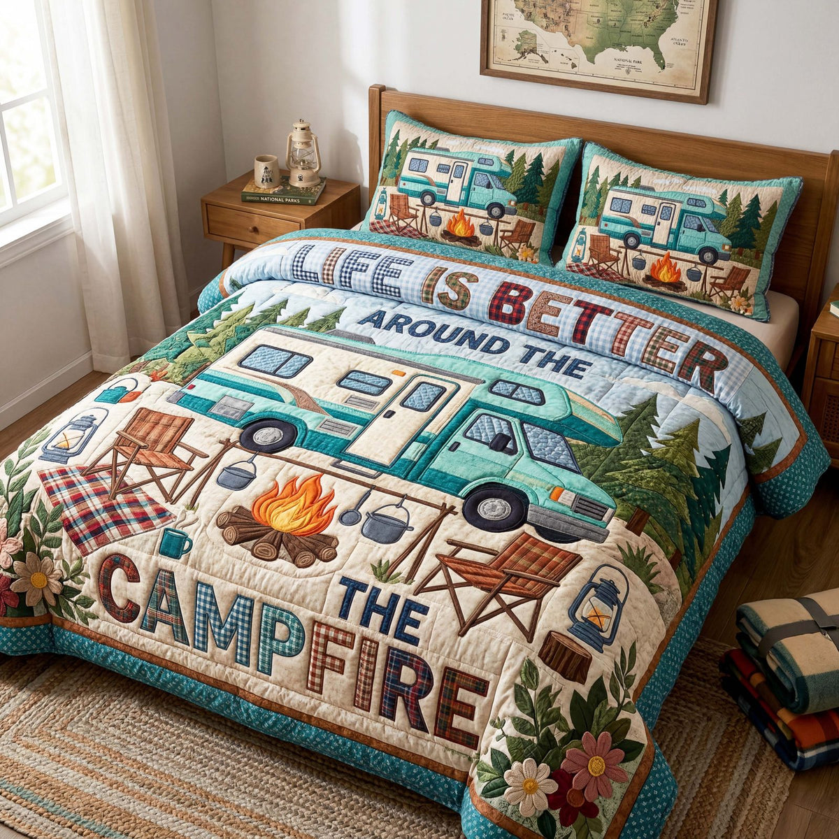 Campfire Camper quilted 3-piece bedding set on a made bed with two matching pillow shams
